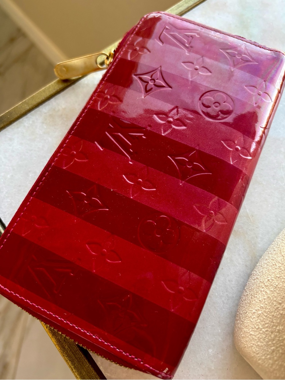 Authentic Certified Louis Vuitton RAYURES Red Patent Vernis Zip Around Wallet